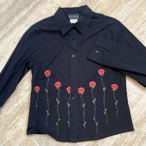 Black button up top with orange Embroidered Flowers - size M